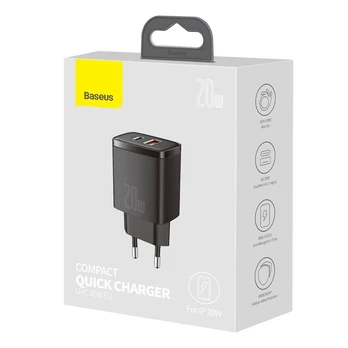 "Baseus" kompaktiškas greitasis įkroviklis, USB, USB-C, 20 W (juodas)