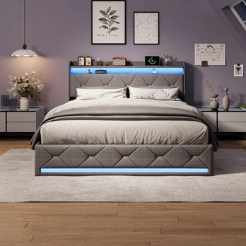 Dvigulė apmušta lova 140 x 200 cm, su LED, USB Type-C, pilka, lininė