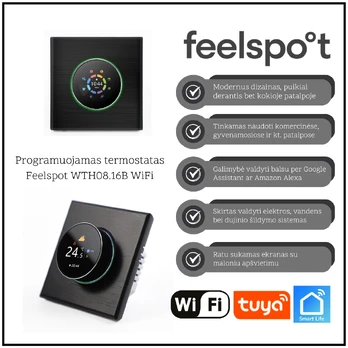 Programuojamas termostatas Feelspot WTH08.16B WiFi, juodas, Tuya, Smart Life 05-00191