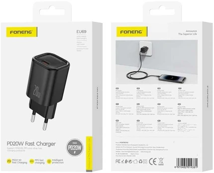FONENG wall charger EU69 PD 20W 1xUSB-C Juodas