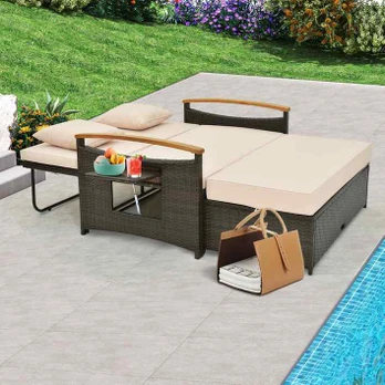 Reguliuojama dvigulė sofa su pufu ir daiktadėže, ruda