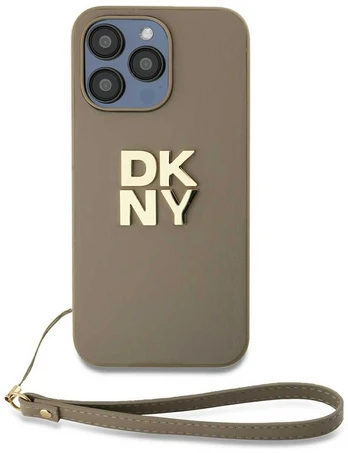 Dėklas DKNY PU Leather Stack Logo Wrist Strap Case for iPhone 14 Pro Max rusvai gelsvas