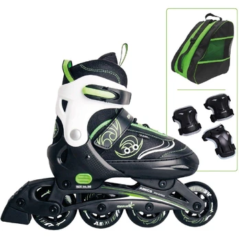 Muuwmi Adjustable Children's Inline Skates Size 33-36 (green/black, including protector set size S)
