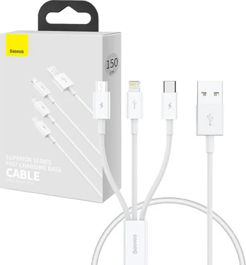 "Baseus Superior Data" USB į M+L+C 3,5A greitojo įkrovimo kabelis 0,5 m (baltas)