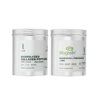 L Cell rinkinys (L Cell Hidrolizuoti kolageno peptidai (jūriniai), milteliai, 300 g + L Cell Magnio L-Treonatas, milteliai, 60 g)