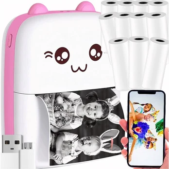 Mini spausdintuvas Cat Pink ir 11 ritinėlių spausdinimo popieriaus