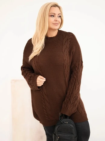 Moteriškas Plus Size megztinis su pynių raštu, rudas