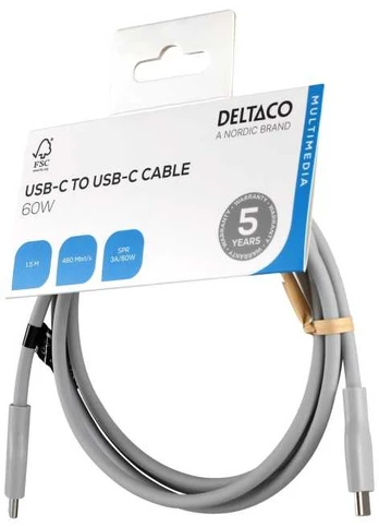 Deltaco USB-C - C USB2.0 SPR Cable, silicone, 1,5m, Pilkas