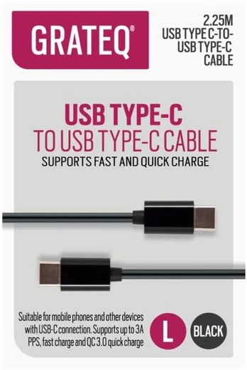 GRATEQ USB C - USB C LATAUSKAAPELI QUICK 2.25M Juodas