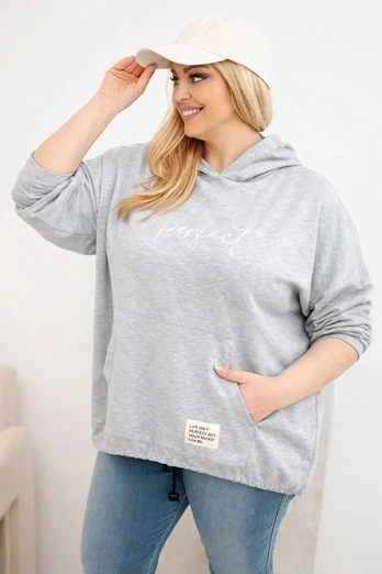 Moteriškas Plus Size džemperis su gobtuvu ir spauda, pilkas
