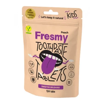 Fresmy Peach Toothpaste Tablets Dantų pastos tabletės vaikams, 124 tabs
