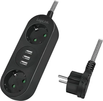 LogiLink 2 gniazda | 3x USB-A | tekstylny oplot kabla juoda 1.5m