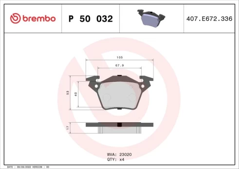 Stabdžių trinkelių rinkinys, diskinis stabdys BREMBO P 50 032