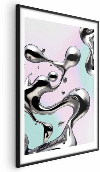 Artgeist Plakatas - Metallic Fluidity - abstract sidabrinis forms on a mint-violetinė background