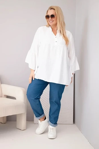 Moteriška Plus Size palaidinė su V formos iškirpte ir rauktomis rankovėmis, balta