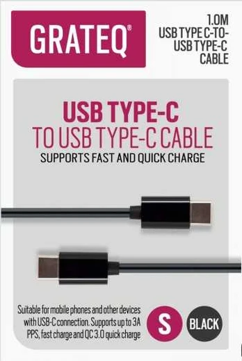 GRATEQ USB C - USB C LATAUSKAAPELI QUICK 1M Juodas
