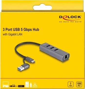 DeLOCK 3 prievadų USB 5 Gbps šakotuvas + Gigabit LAN su USB Type-C, prijungimo stotis (pilka)