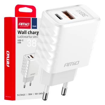 Greitas įkrovimas gan 38w USB-A + USB-C įkroviklis amio-04287