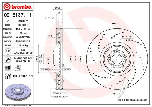 Stabdžių diskas BREMBO 09.E137.11