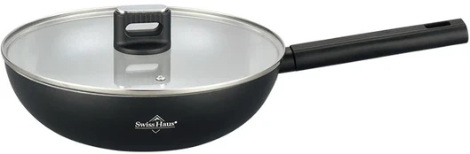 Wok Pan with Lid, 30 cm, Ceramic Coating, Juodas