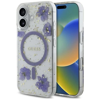 Dėklas Guess Resin Flowers Glitter MagSafe do iPhone 16 violetinė