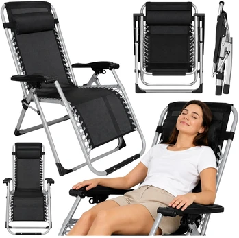 Lean Folding Garden Beach Deckchair with Table and Headrest, Steel, Anthracite