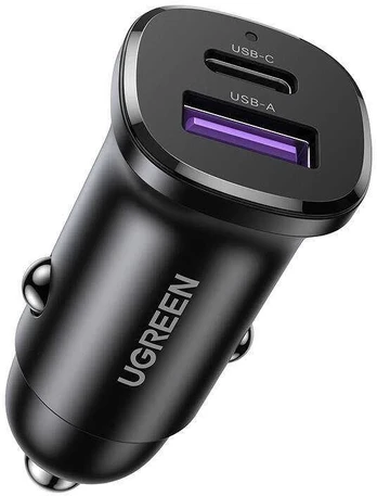 Automobilinis įkroviklis 30W USB-C + USB UGREEN EC305 juodos spalvos