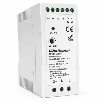 Qoltec Din Rail Power Supply | 60W | 24V | 2.5A | White | Slim