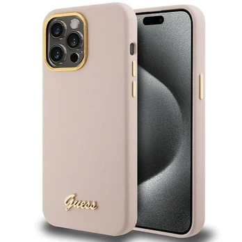Guess iPhone 15 Pro Max 6.7 kietas dėklas Silikoninis Script metalinis logotipas Apple Pink