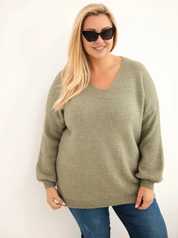Moteriškas Plus Size megztinis su vilna, chaki spalvos
