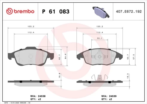 Stabdžių trinkelių rinkinys, diskinis stabdys BREMBO P61083
