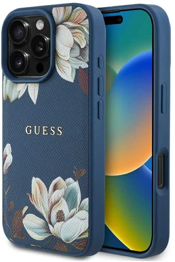 Dėklas Guess Grained Printed Flower Pattern MagSafe do iPhone 16 Pro mėlyna