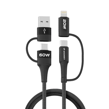 Wozinsky WNBAA 4in1 cable 2x USB-C 1x USB-A 1x Lightning 60W 1 m - juodas