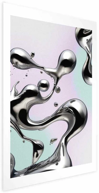 Artgeist Plakatas - Metallic Fluidity - abstract sidabrinis forms on a mint-violetinė background