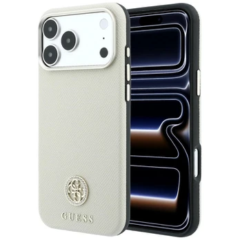 Dėklas Guess Grained Round Strass Logo MagSafe do iPhone 18 Pro / 17 Pro smėlio spalva