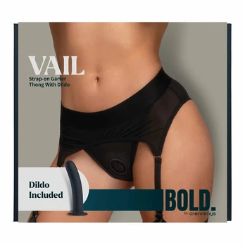 BOLD. VAIL Strap-On Garter Thong L Black Mesh & Silicone Set