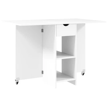 Sulankstomas valgomasis stalas 114,5x70x75 cm, 1 stalčius, atviros lentynos, balta