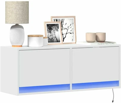 Sieninė TV spintelė su LED lemputėmis, balta, 100x31x35cm