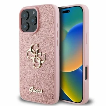 Guess PU Fixed Glitter 4G Metal Logo Case for iPhone 16 Pro Max Rožinė