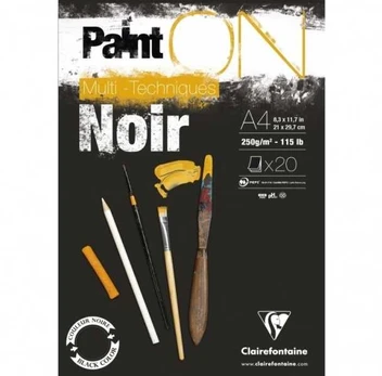 Clairefontaine Paint-On Blok A4 250gram 20 ark sort papir, multi teknik, toplimet
