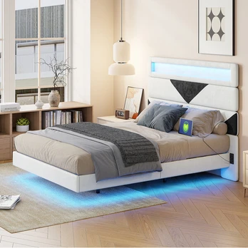 Lova 160 x 200 cm, su LED, USB, smėlio spalvos, aksomas