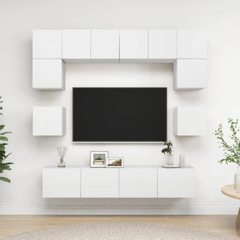 Televizoriaus spintelių komplektas, 8 dalių, baltas, mediena