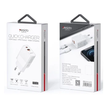YESIDO WALL CHARGER YC32 PD 20W QC3.0 USB-A+C Baltas