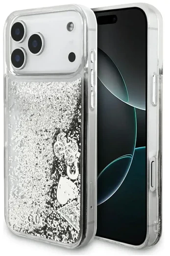 Dėklas Guess Liquid Glitter 4G Charms do iPhone 18 Pro / 17 Pro sidabrinė
