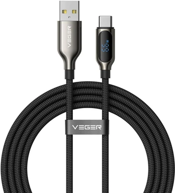 Cable with LED light indicator Type C to Type C VEGER PD 5A 100W CC1-ZSD 1,5 m juodas