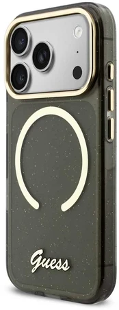 Dėklas Guess IML Glitter Script Strap MagSafe Case for iPhone 17 Pro Juodas