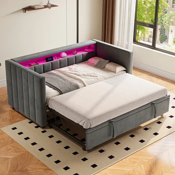 Ištraukiamas sofa-lova, 90x190 cm, USB-C, LED, 2 dėžės