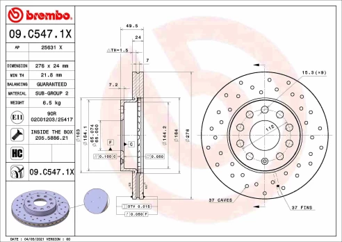 Stabdžių diskas BREMBO 09.C547.1X