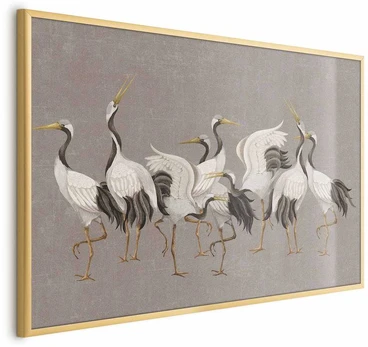 Artgeist Plakatas - Crane Dance - light bird silhouettes on a warm-pilka textured background
