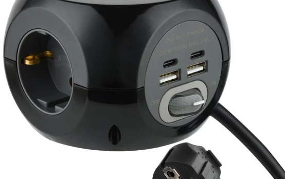 Ilgiklis ELECTRALINE MINI CUBE, 3 lizd. + 2 USB Type A + 2 USB Type C, 1,5 m, su įž., su jungikliu,